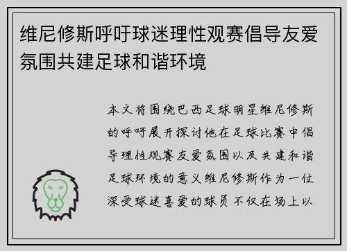 维尼修斯呼吁球迷理性观赛倡导友爱氛围共建足球和谐环境