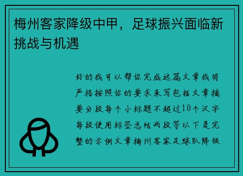 梅州客家降级中甲,足球振兴面临新挑战与机遇 梅州客家降级中甲,足球振兴面临新挑战与机遇